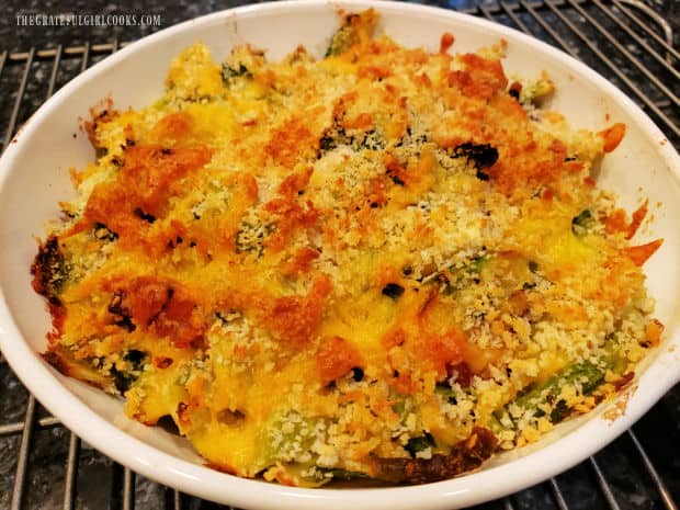 After baking, the brussel sprout casserole for two is lightly browned on top.