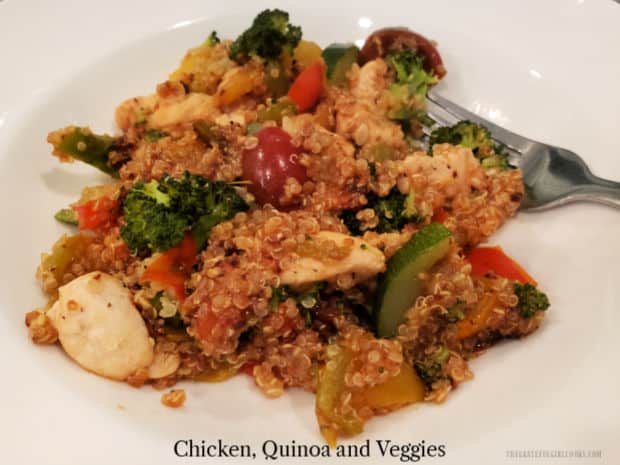 Chicken, Quinoa and Veggies is a nutritious, tasty dish with chicken, zucchini, broccoli, bell pepper, garlic, cherry tomatoes and quinoa!
