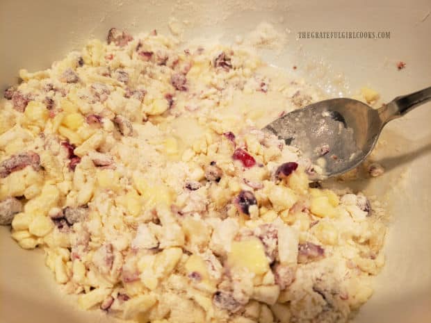 Buttermilk is added to the scone dough, and stirred only until incorporated.