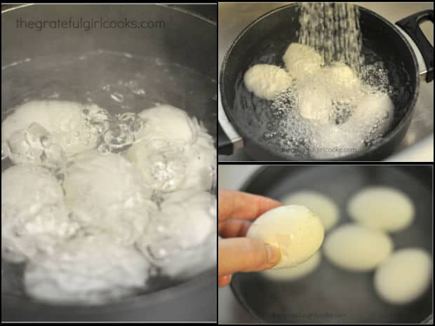 Three photos showing how to boil eggs for the egg salad.