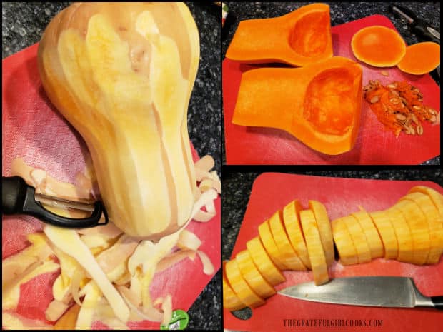 Butternut squash is peeled, seeds removed, sliced into half-rings, then into bite-sized cubes.