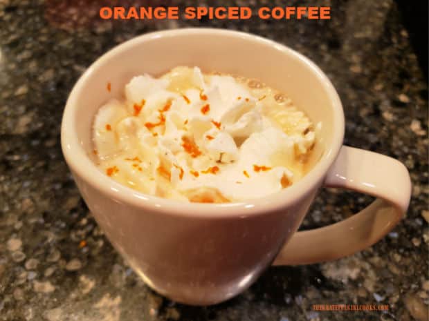 Orange Spiced Coffee is brewed with cinnamon, cloves, sugar, and orange marmalade! Top this delicious hot drink with whipped cream, to serve!