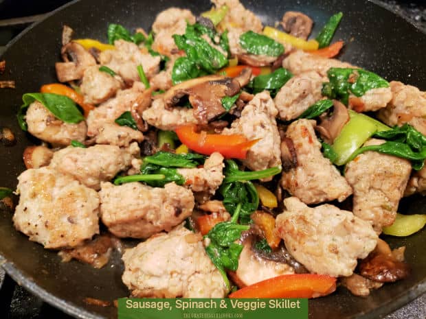 Sausage, Spinach & Veggie Skillet is a tasty 1 pan meal, with chicken or Italian sausage, mushrooms, spinach, onions, garlic and bell peppers!