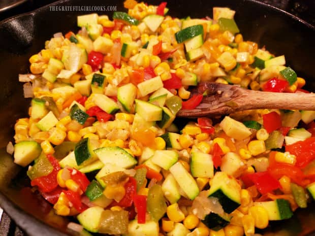 The Southwest flavored veggies cook in the skillet for 7-8 minutes, until tender.