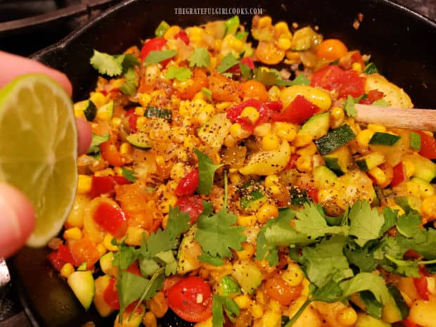 Skillet is removed from heat, and lime juice, salt/pepper, and chopped cilantro are added.