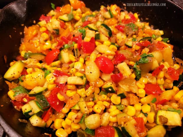 After stirring to combine ingredients, the Southwest Veggie Skillet is ready to serve.