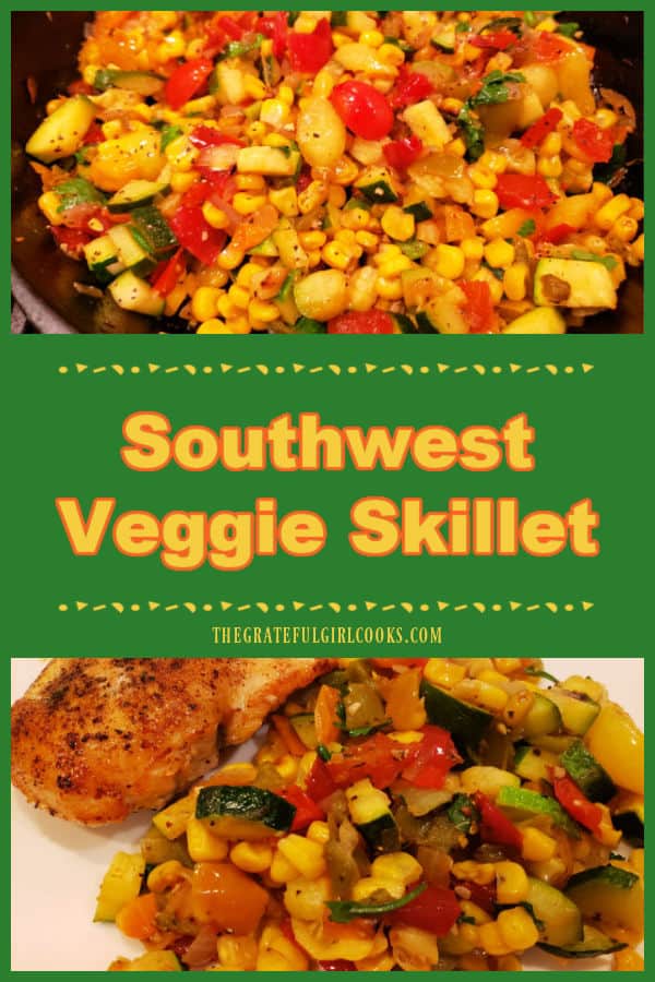 Southwest Veggie Skillet is a yummy side dish, with corn, zucchini, bell peppers, onion and tomatoes! Add black beans to make a meatless meal!