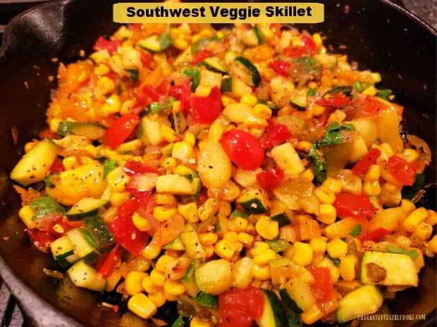 Southwest Veggie Skillet is a yummy side dish, with corn, zucchini, bell peppers, onion and tomatoes! Add black beans to make a meatless meal!