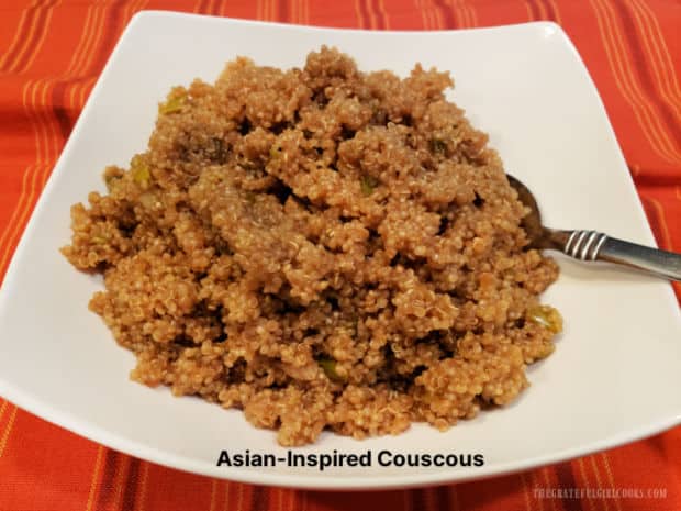 Asian-Inspired Couscous is a simple, flavor-filled side dish to make, with green onions, soy sauce, and a few spices (ginger, garlic, etc.). 