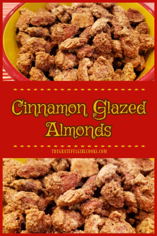 Make a batch of cinnamon glazed almonds for a fantastic, crunchy snack. Almonds are coated and baked in a buttery cinnamon sugar glaze!