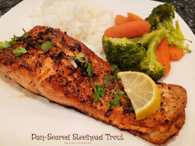 Pan-Seared Steelhead Trout is a delicious, easy to make dish! Trout fillets are cooked in a simple browned butter, shallot and garlic sauce!