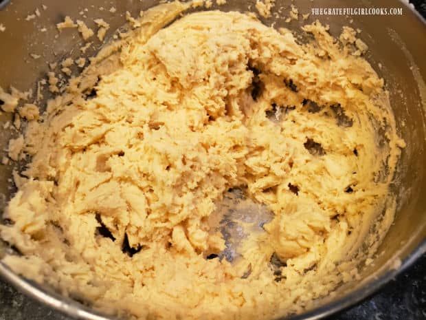 Dough for the shamrock cookies is thick and soft after mixing.