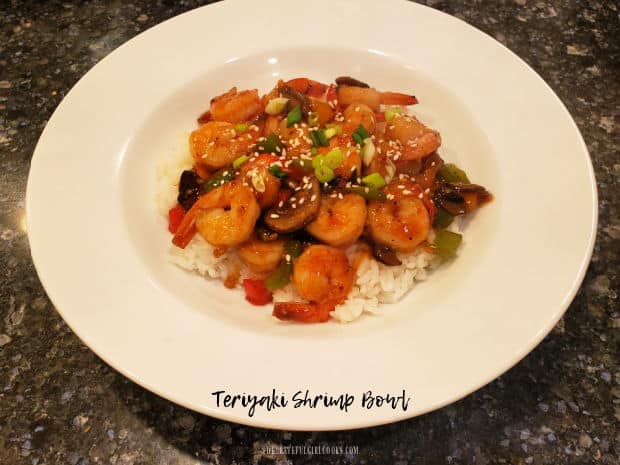 Teriyaki Shrimp Bowl is a delicious dish with shrimp, mushrooms, red, green and yellow bell peppers covered in an easy to make Asian sauce.