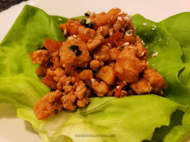 One of the Asian chicken lettuce wraps, with a closeup of the yummy chicken filling.