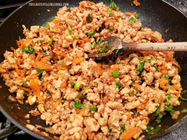 The meat mixture is now ready to make Asian chicken lettuce wraps.