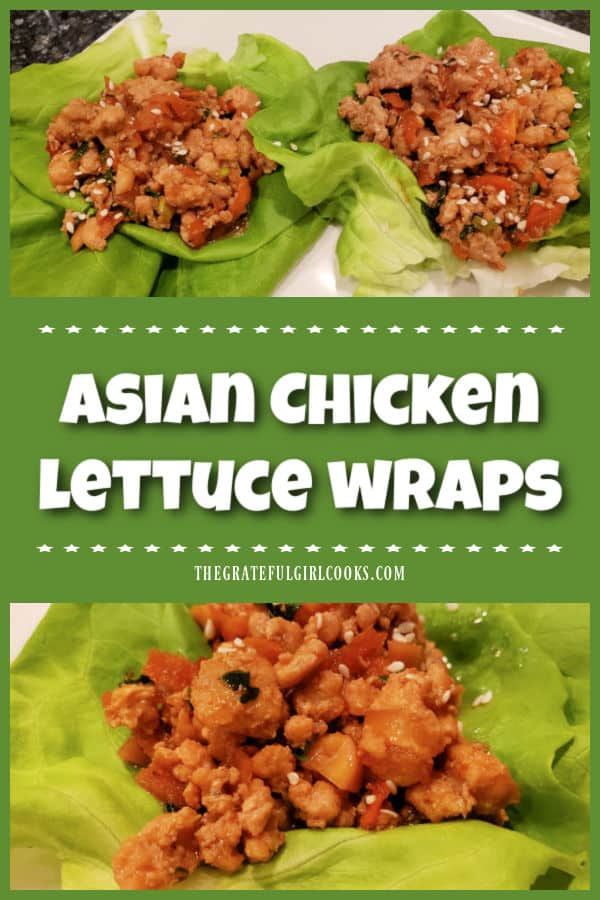 Asian Chicken Lettuce Wraps are very EASY to make, and taste fantastic! With two wraps per serving, they are a great appetizer or main dish!