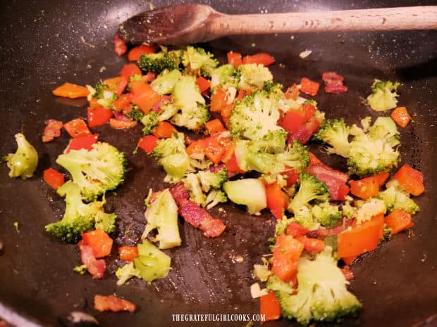 Veggies are cooked 3-4 minutes in the skillet until they become tender.