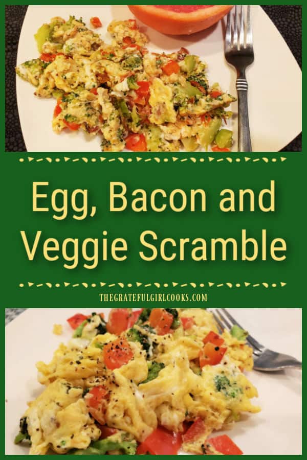 Want a filling meal to start the day? Try an Egg, Bacon and Veggie Scramble - it's a delicious and easy to make, healthy breakfast.