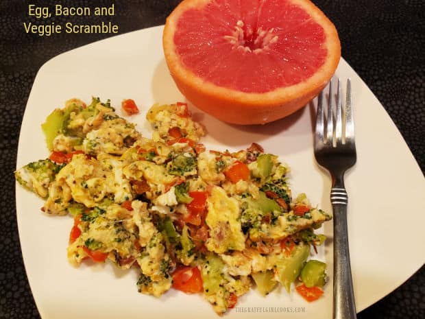 Want a filling meal to start the day? Try an Egg, Bacon and Veggie Scramble - it's a delicious and easy to make, healthy breakfast.