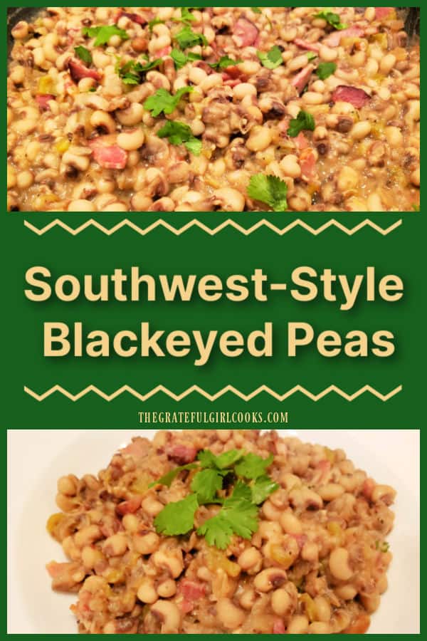 Southwest-Style Blackeyed Peas are a delicious side dish! Blackeyed peas are cooked with bacon, onions, green chiles, and Mexican spices.