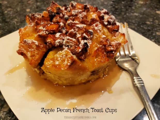 Make delicious, baked Apple Pecan French Toast Cups! This simple dish is filled with apples, cinnamon, pecans, and topped with maple syrup!