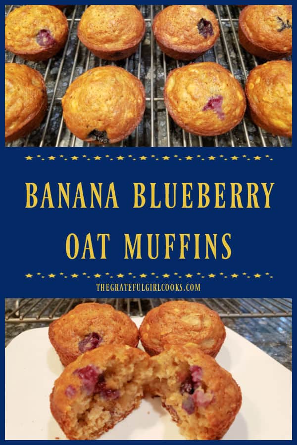 Make a dozen Banana Blueberry Oat Muffins for breakfast or snack! Oat muffins are filled with banana and fresh blueberries, and taste great!