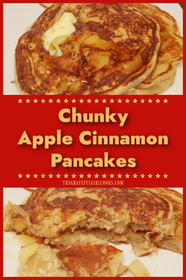 Make a batch of Chunky Apple Cinnamon Pancakes in no time at all! Diced apples, Greek yogurt, vanilla and cinnamon add to the great flavor!