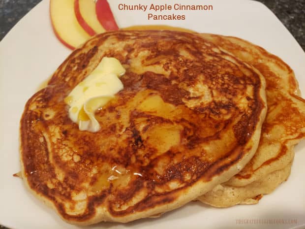 Make a batch of Chunky Apple Cinnamon Pancakes in no time at all! Diced apples, Greek yogurt, vanilla and cinnamon add to the great flavor!