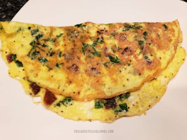 An omelet is made by flipping the cooked egg mixture in half, then served on white plate.