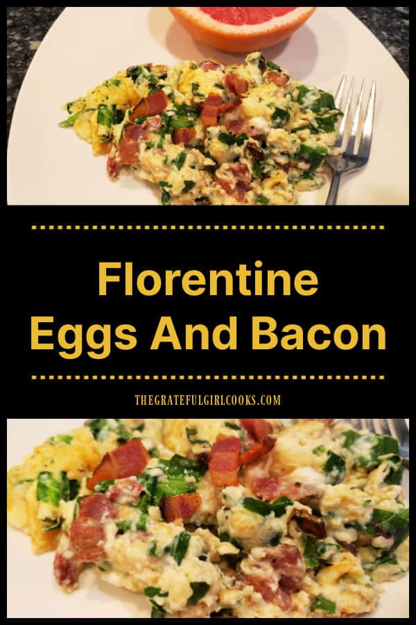 Florentine Eggs And Bacon is an easy breakfast with eggs, bacon, spinach, scallions and feta cheese. Scramble ingredients or make an omelet!