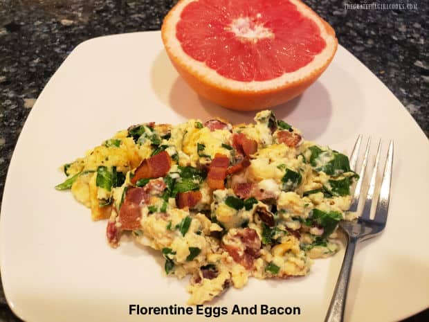 Florentine Eggs And Bacon is an easy breakfast with eggs, bacon, spinach, scallions and feta cheese. Scramble ingredients or make an omelet!