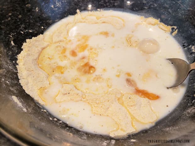Egg, honey and buttermilk are added to the dry ingredients for corn dog batter.