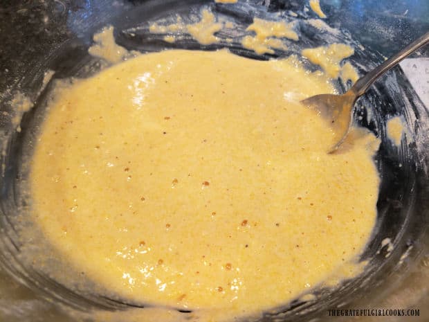 Corn dog batter is combined, then chills in refrigerator for 15 minutes.
