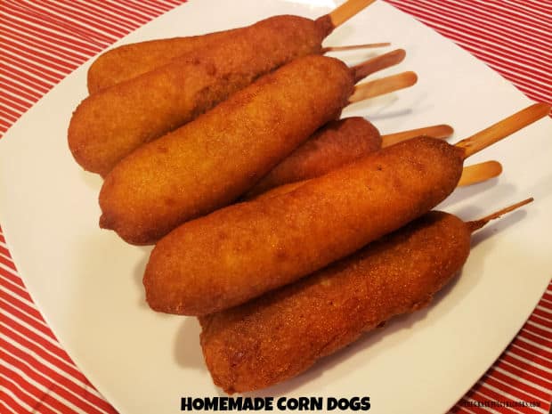 Make 8 yummy Homemade Corn Dogs for lunch, dinner or snack! They taste like you bought them at the fair. Kids of all ages will enjoy them!