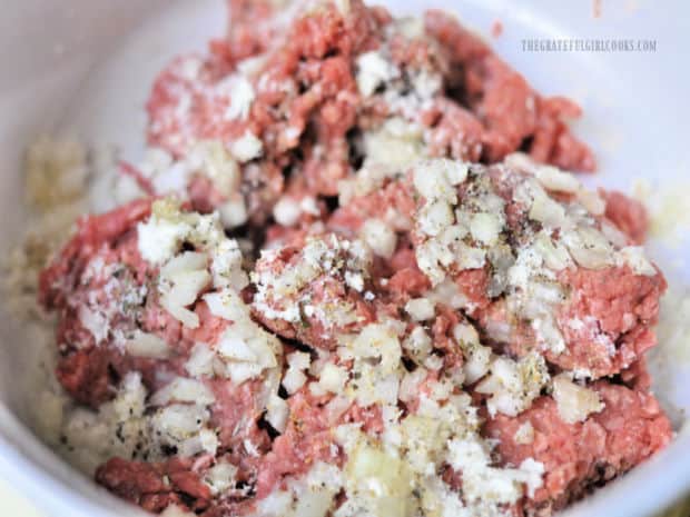 Lean ground beef is combined with onions, Parmesan and spices for meatballs.