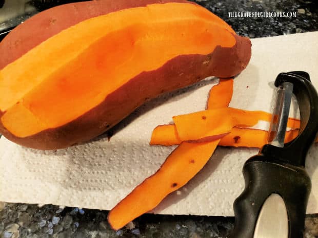 The first step in this recipe is to peel sweet potatoes. Easy!