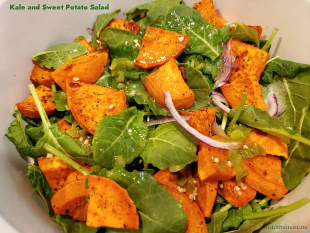 Kale and Sweet Potato Salad is a delicious salad! Curry-roasted sweet potatoes, kale and red onion, topped with lime jalapeño salad dressing.