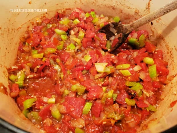 The soup pot is now filled with vegetables, spices and tomatoes, all combined.