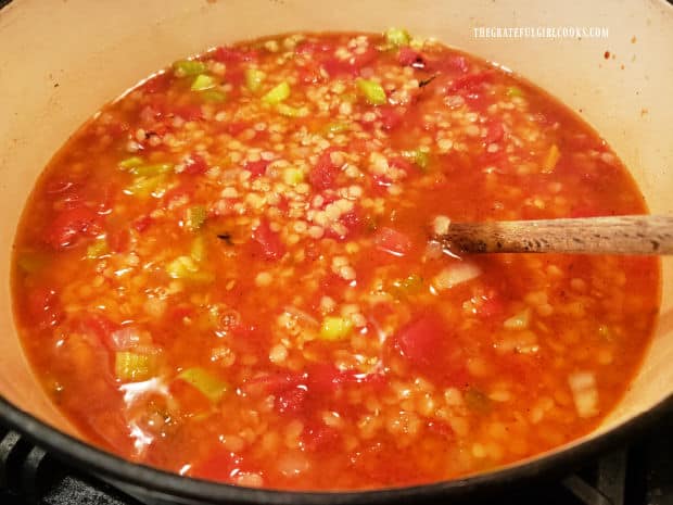 The red lentils and vegetable broth are added to the soup mixture already in the pot.
