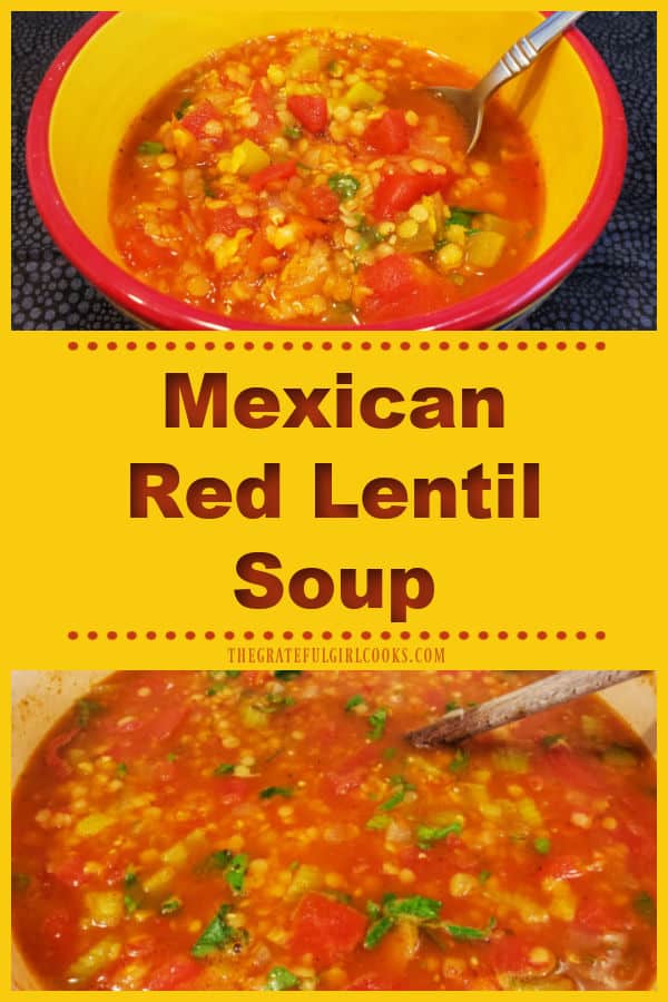 Mexican Red Lentil Soup has all the flavor of a good chili recipe, but it's a meatless soup you'll really love, with enough for 7 helpings!