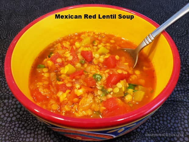 Mexican Red Lentil Soup has all the flavor of a good chili recipe, but it's a meatless soup you'll really love, with enough for 7 helpings!