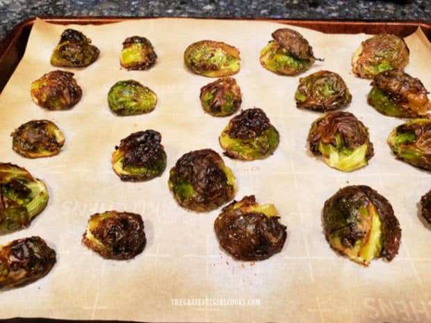 After roasting, the Brussel sprouts are charred on the outside and tender inside.