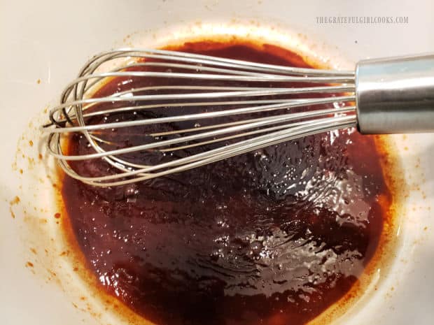 Soy sauce, rice vinegar, veg. oil, brown sugar and sesame oil are whisked together.