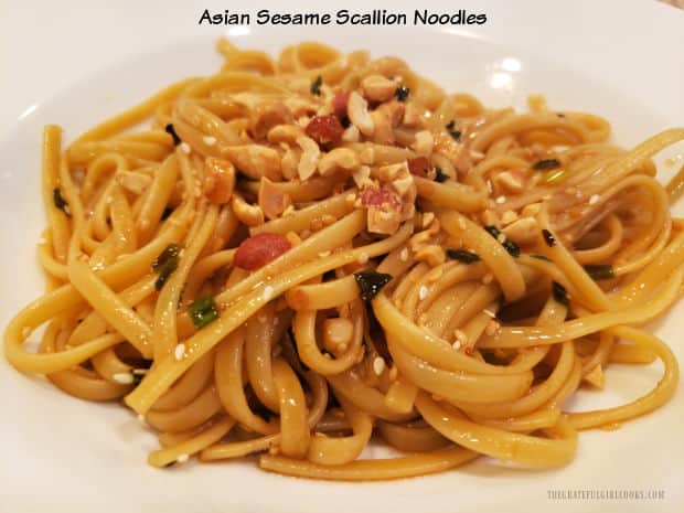 Asian Sesame Scallion Noodles is a meatless dish, with linguini, green onions and toasted sesame seeds, coated in a tasty Asian-style sauce.
