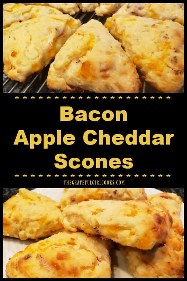 Bacon Apple Cheddar Scones are delicious! Recipe makes 8 buttery, savory scones, filled with diced apples, cheddar cheese and crisp bacon!