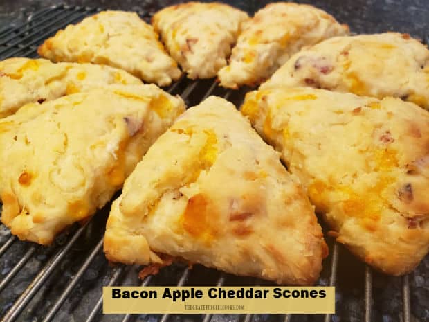 Bacon Apple Cheddar Scones are delicious! Recipe makes 8 buttery, savory scones, filled with diced apples, cheddar cheese and crisp bacon!