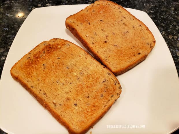 Two pieces of toasted bread resting on a white plate.