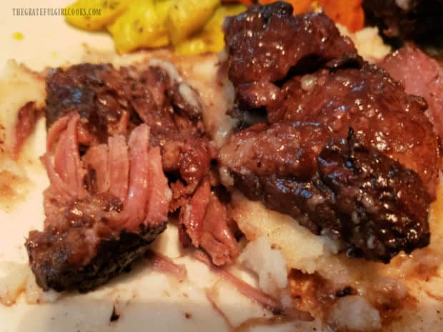 The meat of the beef short ribs for two is "fall off the bone" tender when served.
