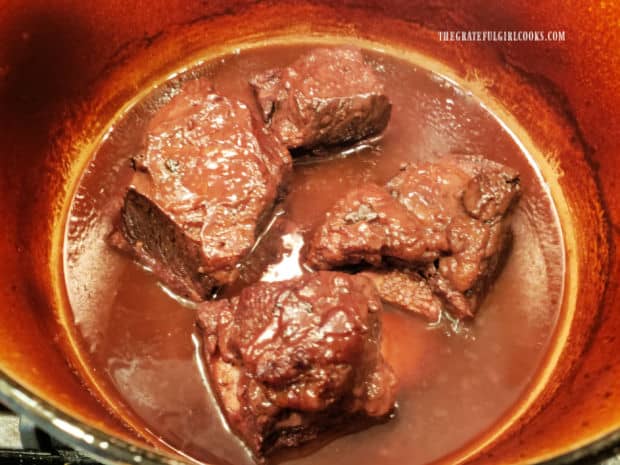 When finished baking for 3 hours, the beef short ribs are so tender they almost fall off the bone..