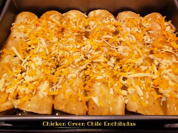 Delicious Chicken Green Chile Enchiladas are filled with shredded chicken, 3 cheeses, green chiles, and are covered in green sauce (makes 8)!